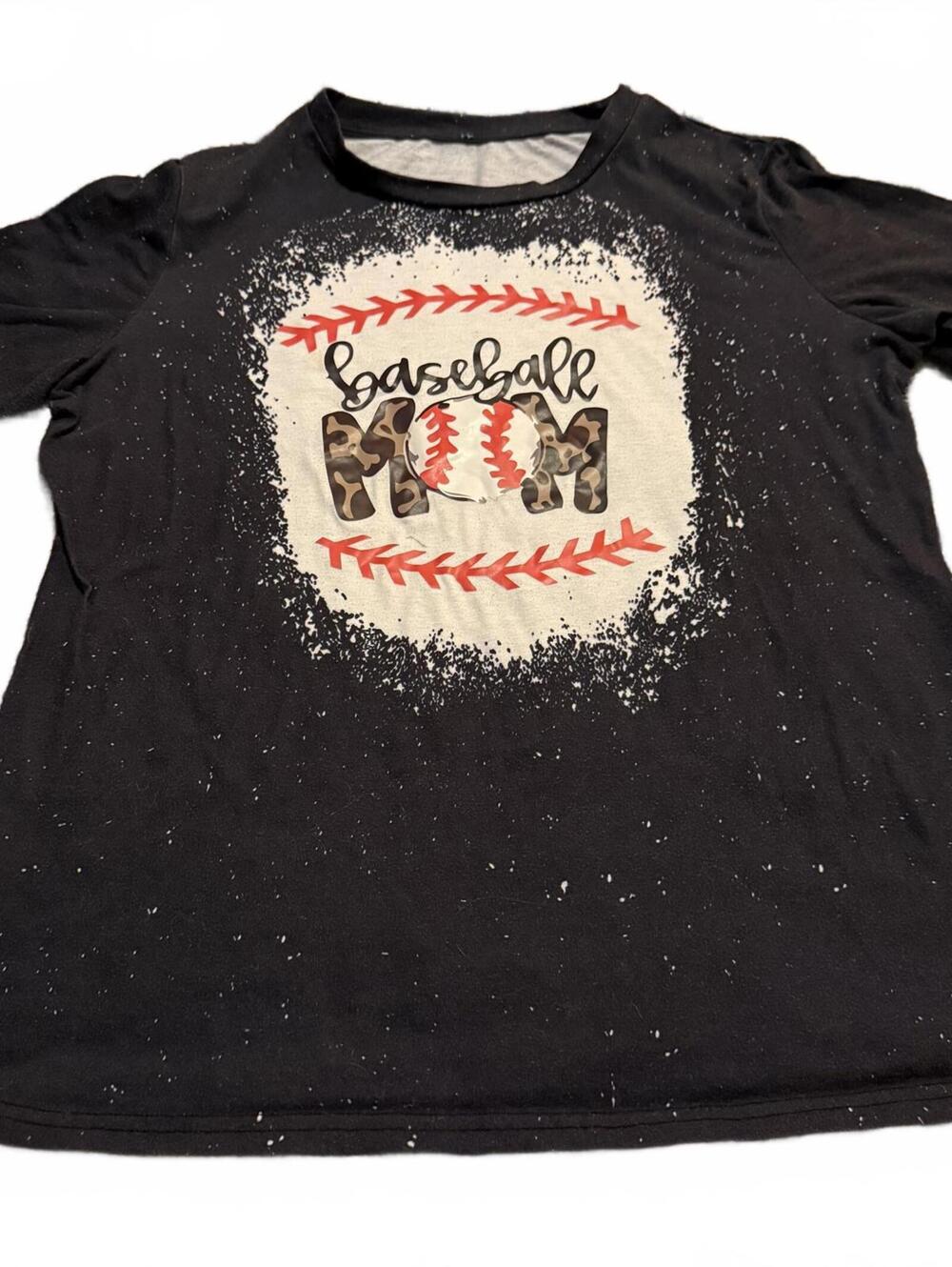 Baseball Mom Game Day Graphic Bleach Splatter Tee Black Ballpark Shirt